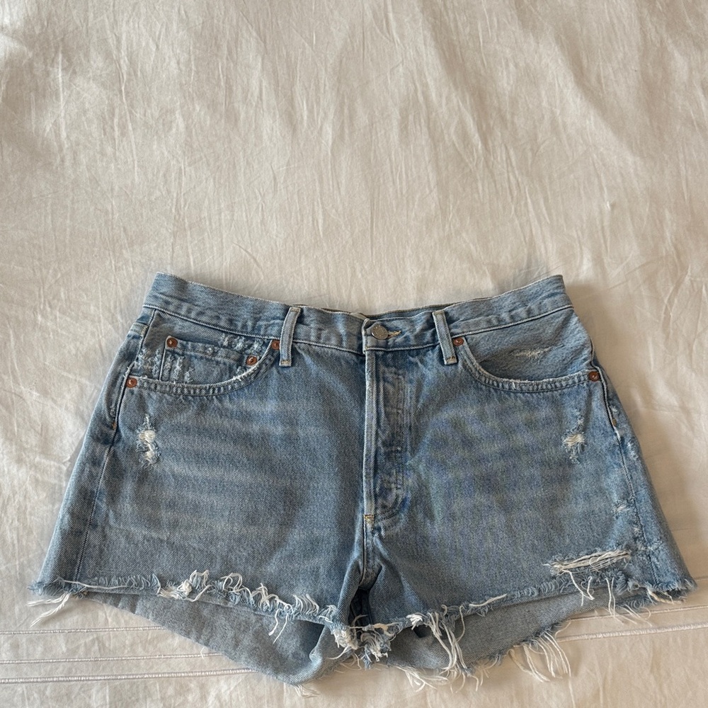 Agolde Light Blue Distressed Denim Shorts